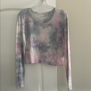 American Eagle Outfitters Pink and Gray Tie-Dye Crop Top Sz L